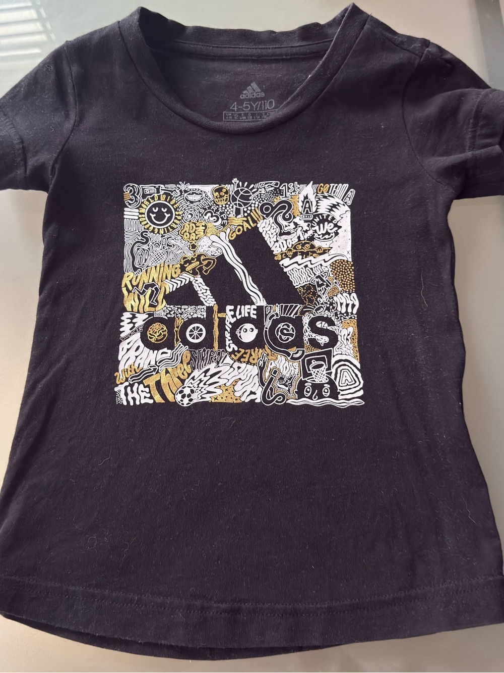 adidas Black Kids Short Sleeve Graphic Tee with White & Gold Logo